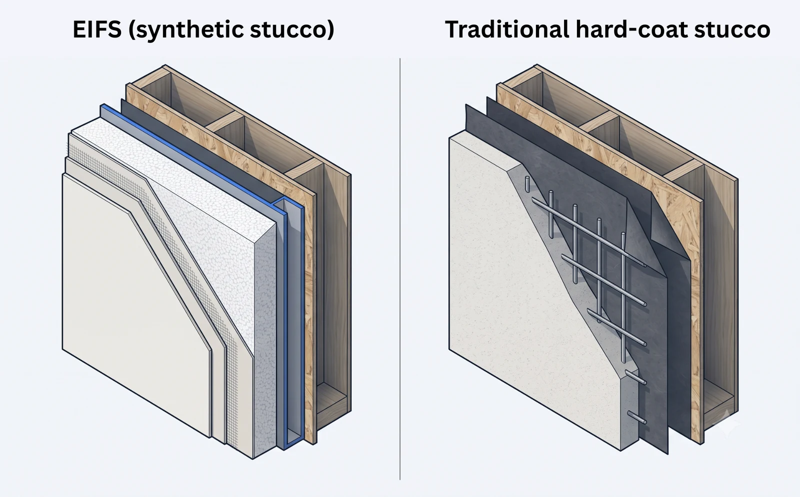 Cutaway comparison of an EIFS wall assembly and a traditional hard-coat stucco wall assembly, showing each layer from the exterior finish through to the stud cavity
