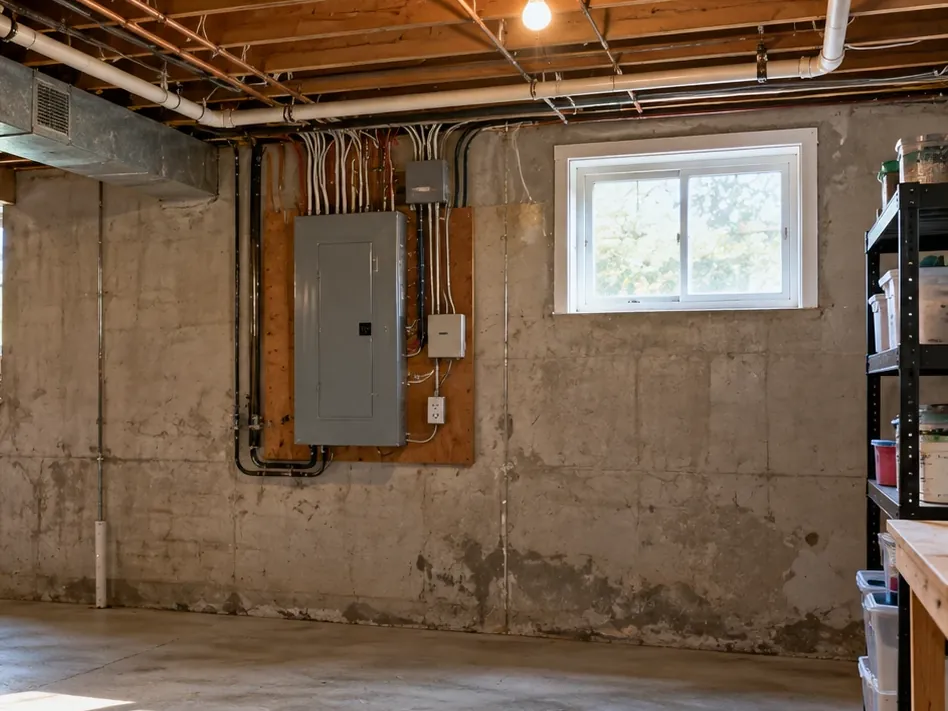 An unfinished basement with the electrical panel on a plywood board, a small window, and water stains along the bottom of the concrete foundation wall