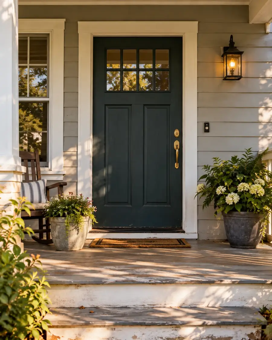 A deep green front door with brass hardware on a weathered wooden porch, lit by late afternoon sun