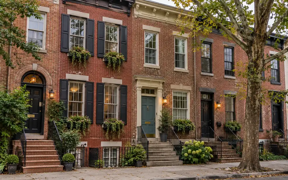 A block of older brick row houses with stoops, wrought-iron railings, window boxes and a street tree