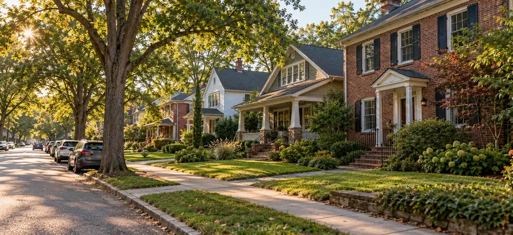 A tree-lined American street of older homes -- a brick colonial, a craftsman bungalow with a deep porch, and clapboard houses -- in late afternoon sun
