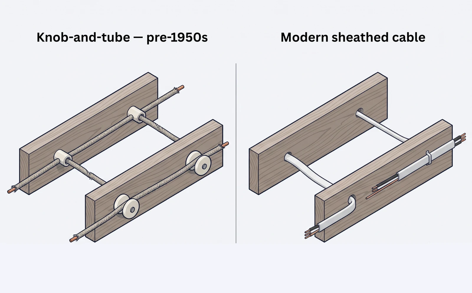Isometric cutaway comparing pre-1950s knob-and-tube wiring, where two separate cloth-insulated conductors are supported by porcelain knobs and pass through porcelain tubes drilled in the joists, against modern sheathed cable, where hot, neutral, and a bare copper ground conductor run together inside a single white jacket stapled to the joist.