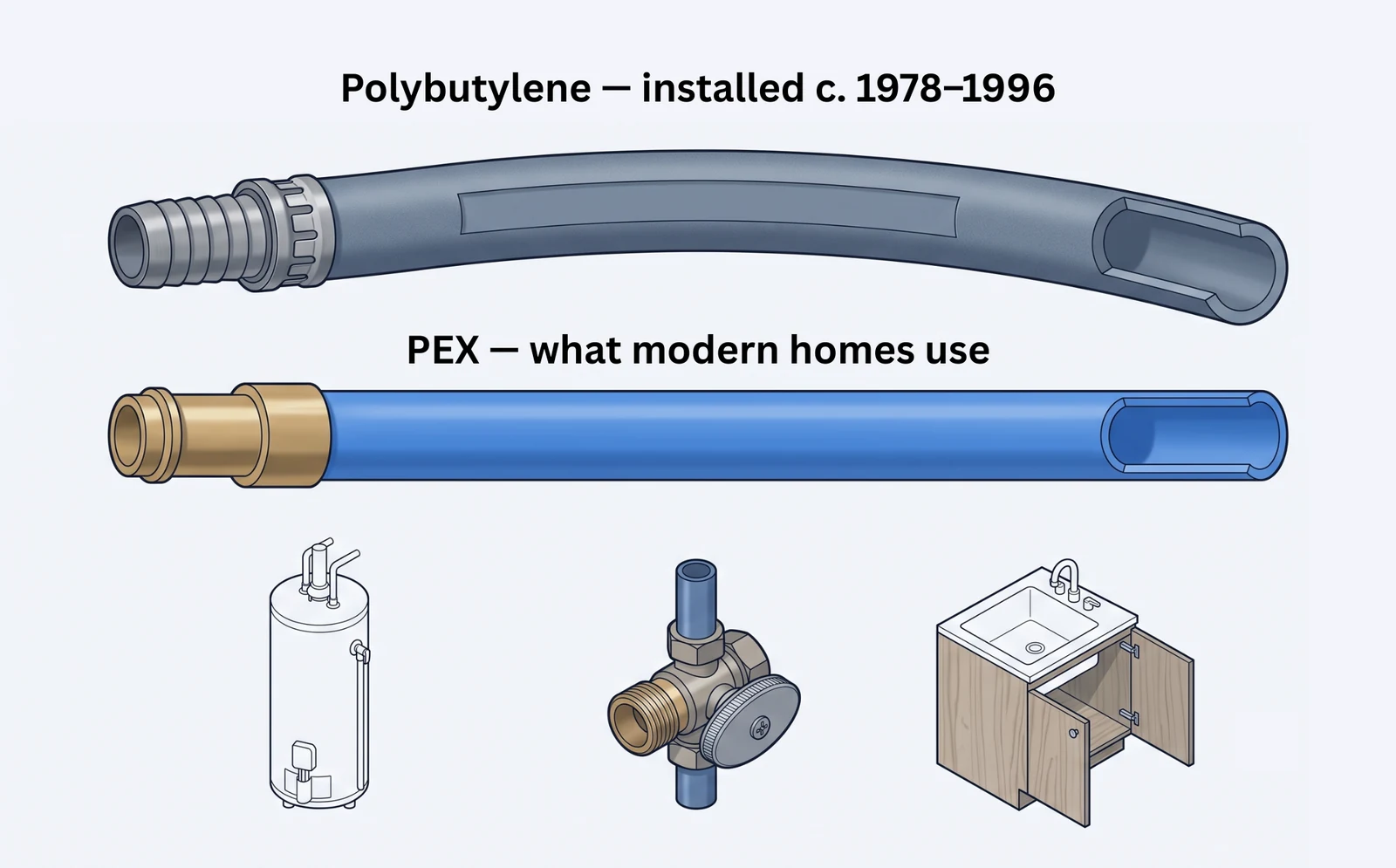 Polybutylene supply pipe shown above a PEX pipe for comparison: the polybutylene is dull matte grey with a crimp-ring fitting and a stamped marking band, the PEX is glossy blue with a brass fitting, above sketches of a water heater, a main shutoff valve and a sink base cabinet