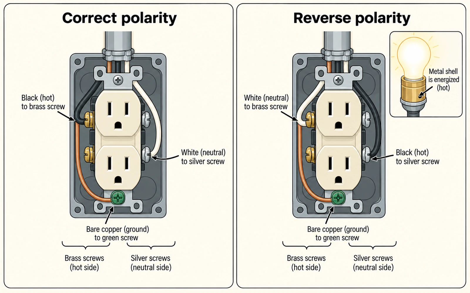 Two receptacles shown face-on for comparison. Correctly wired, the black hot conductor lands on a brass terminal screw and the white neutral on a silver screw, with bare copper on the green ground screw. With reverse polarity the two are swapped: white goes to the brass screw and black to the silver one. The outlet still works, but the metal shell of a lamp socket plugged into it stays energized.