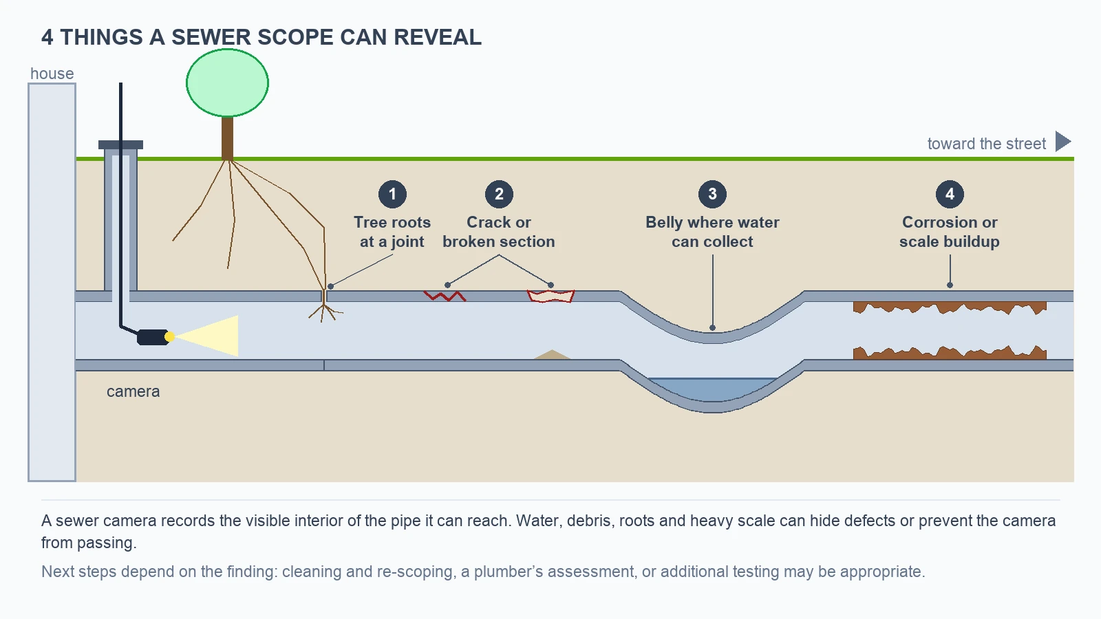 Technical cross-section showing four conditions a sewer-scope camera may reveal: tree-root intrusion at a pipe joint, a crack or broken section, a sag where wastewater can collect, and internal corrosion or scale buildup. A camera inspection shows only the accessible, visible interior of the pipe.
